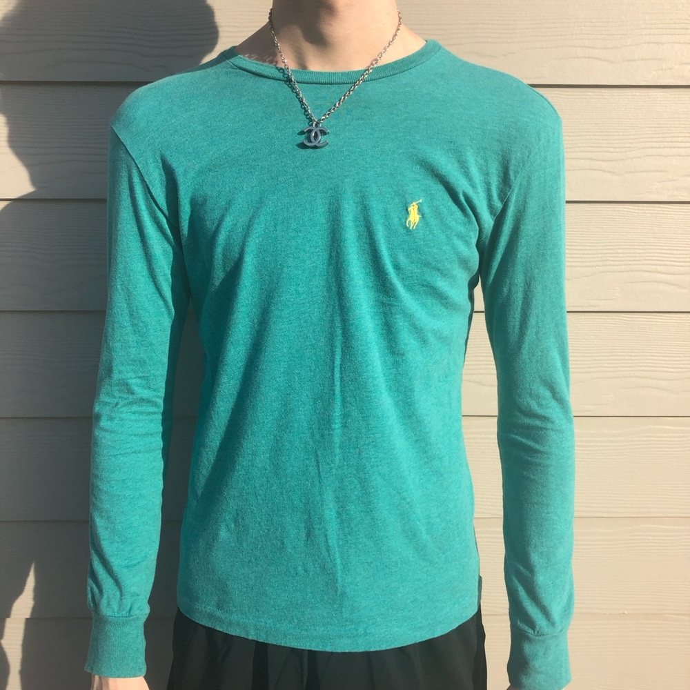 Teal and Yellow Longsleeve Polo Ralph Lauren Shirt